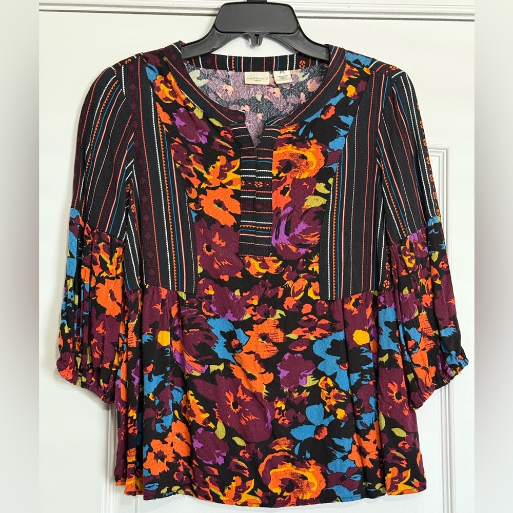 Westbound Patchwork Mixed Print Floral Button Up 3/4 Sleeve Top Womens PS